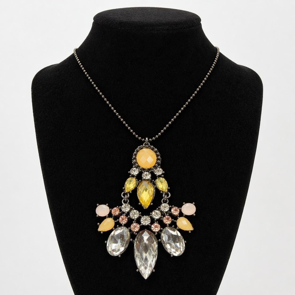 Large Rhinestone 3" Pendant Necklace Chandelier Fairycore Yellow Pink Crystal